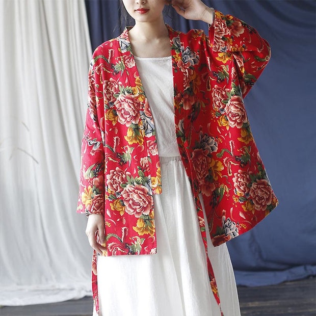 Buddha Stones Ethnic Style Northeast Red Flower Peony Print Cotton Linen Lace Up Jacket 4