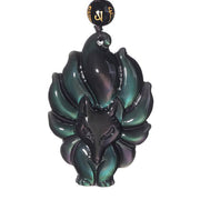 Buddha Stones Natural Rainbow Obsidian Gold Sheen Obsidian Nine Tailed Fox Positive Necklace Pendant Necklaces & Pendants BS 2