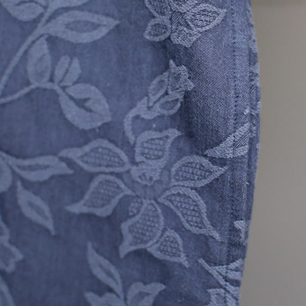 Buddha Stones Blue Flowers Embroidery Jacquard Midi Dress Three Quarter Sleeve Cotton Dress With Pockets 9