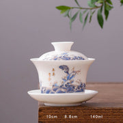 Buddha Stones White Porcelain Mountain Landscape Countryside Ceramic Gaiwan Teacup Kung Fu Tea Cup And Saucer With Lid Cup BS Long Cup-Koi Fish Waves(8.8cm*10cm*140ml)