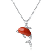 Buddha Stones 925 Sterling Silver Cute Dolphin Hetian Jade Red Agate Luck Necklace Pendant Ring Earrings Set Bracelet Necklaces & Pendants BS Necklace Red Agate