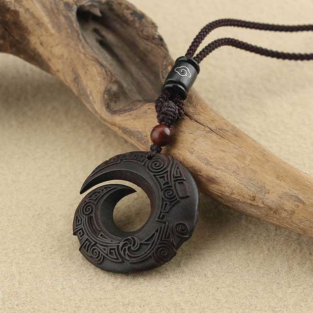 Buddha Stones Ebony Wood Sandalwood One's Luck Improves Design Pattern Peace Necklace Pendant Necklaces & Pendants BS 3