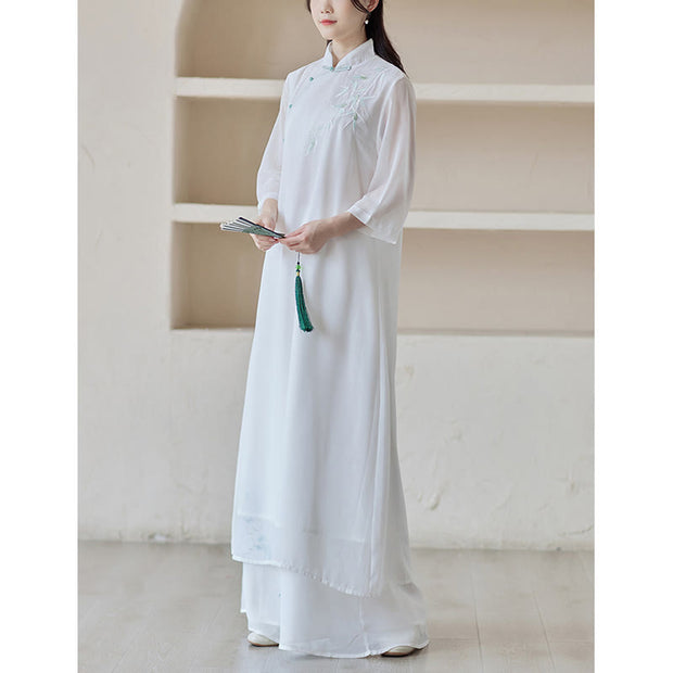 Buddha Stones Bamboo Cheongsam Dress Midi Dress Wide Leg Pants Meditation Spiritual Zen Practice Clothing