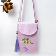 Buddha Stones Small Embroidered Flowers Crossbody Bag Shoulder Bag Double Layer Cellphone Bag Crossbody Bag BS Purple Grape 13.5*19.5*2.5cm