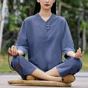 Buddha Stones 2Pcs Shirt Top Pants Meditation Zen Tai Chi Cotton Linen Clothing Women's Set Women's Meditation Cloth BS 15