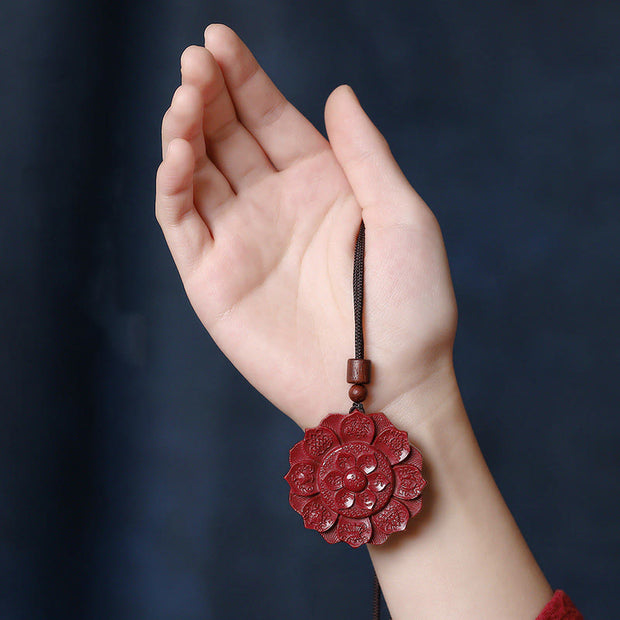 Buddha Stones Natural Cinnabar Lotus Om Mani Padme Hum Blessing Necklace String Pendant