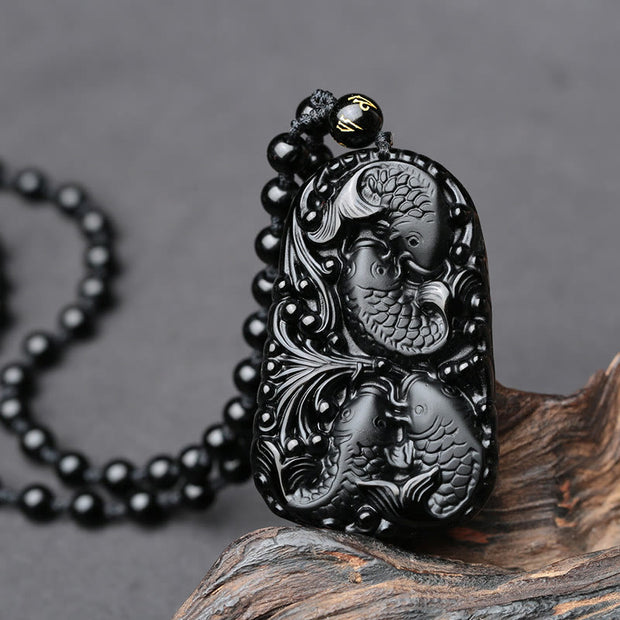 Buddha Stones Black Obsidian Koi Fish Engraved Strength Beaded Necklace Pendant Necklaces & Pendants BS 8