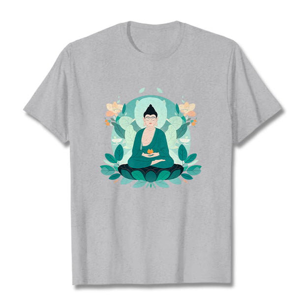Buddha Stones Close Eyes Green Leaf Buddha Tee T-shirt T-Shirts BS LightGrey 2XL