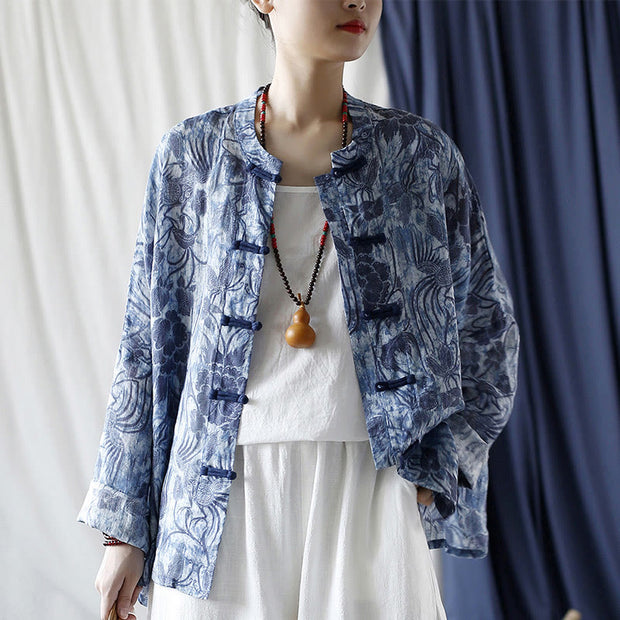 Buddha Stones Retro Blue White Flowers Frog-Button Design Long Sleeve Ramie Linen Jacket Shirt 25