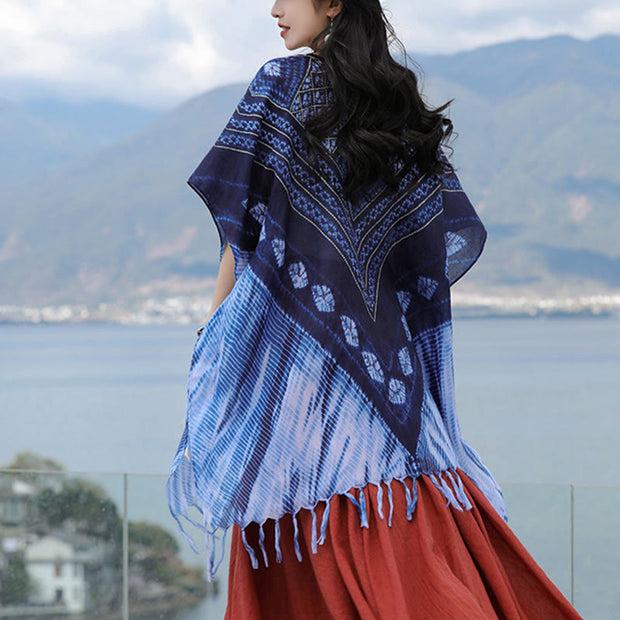 Buddha Stones Blue Triangle Stripes Batik Shawl Soft Pullover 90*95cm 4