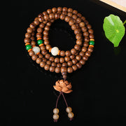 Buddha Stones 108 Mala Beads Peach Wood Bodhi Seed Lotus Prayer Meditation Bracelet Mala Bracelet BS 3
