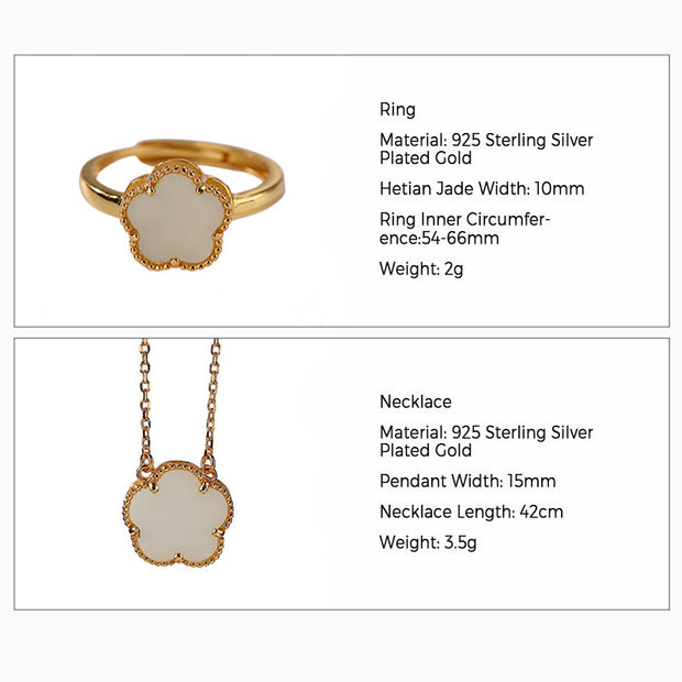 Buddha Stones 925 Sterling Silver Plated Gold Natural Hetian Jade Flower Luck Necklace Pendant Ring Set Bracelet Necklaces & Pendants BS 2
