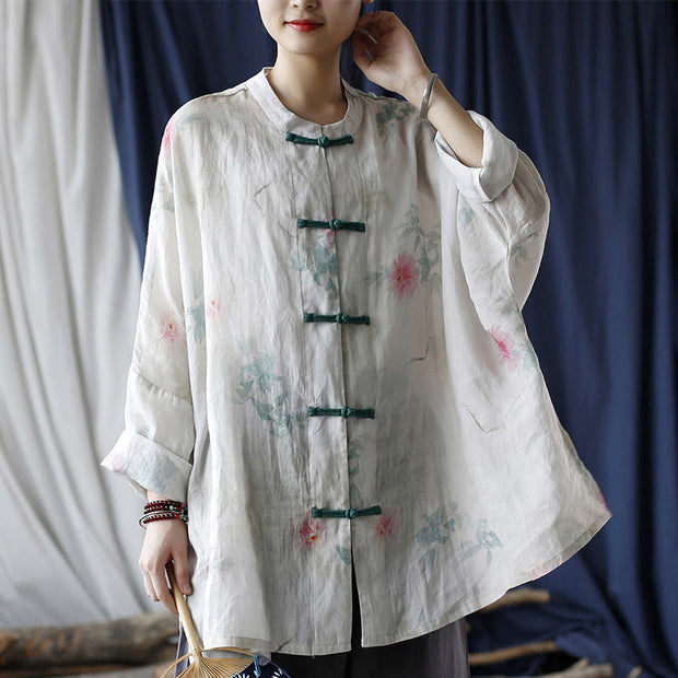 Buddha Stones White Red Flowers Green Leaves Frog-Button Long Sleeve Ramie Linen Jacket Shirt 6