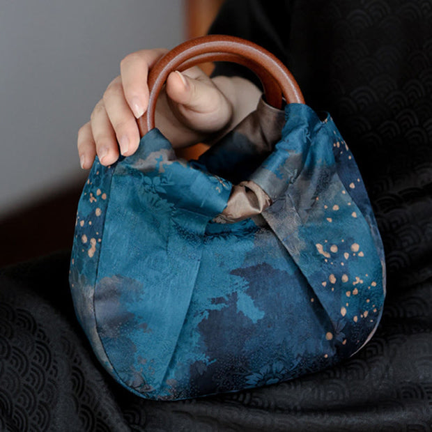 Buddha Stones Handmade Jacquard Flower Blue Wooden Handle Handbag 12