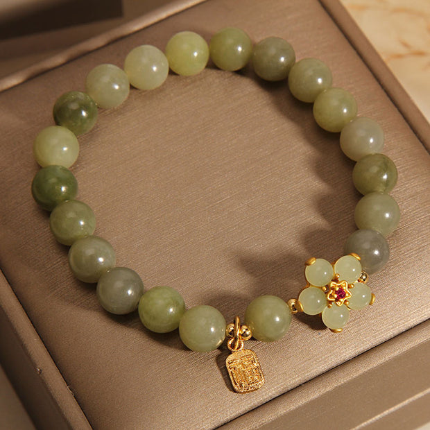 Buddha Stones Green Jade Flower Fu Character Charm Luck Bracelet Bracelet BS 9