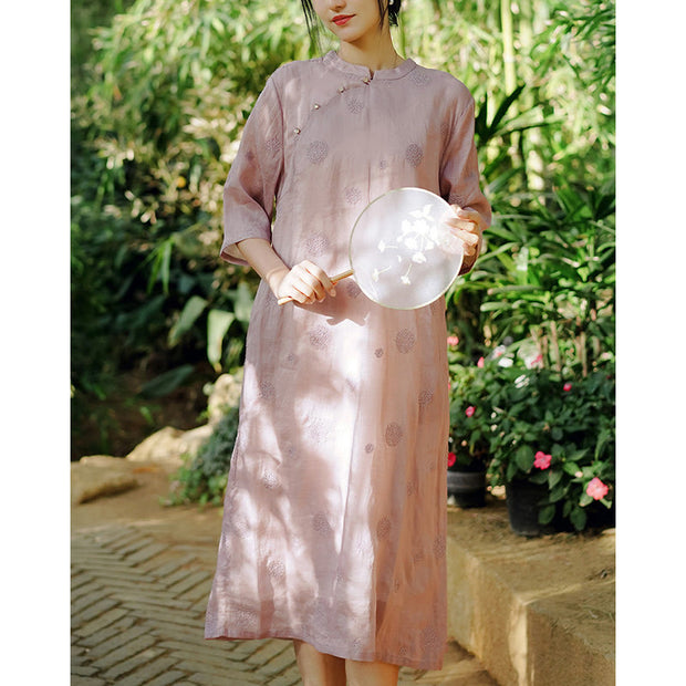 Buddha Stones Dandelion Flower Embroidery Half Sleeve Ramie Linen Chinese Cheongsam Midi Dress With Pockets