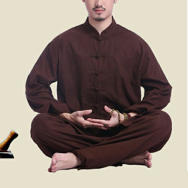 Buddha Stones Chinese Frog Button Design Meditation Prayer Cotton Linen Spiritual Zen Practice Yoga Clothing Men's Set