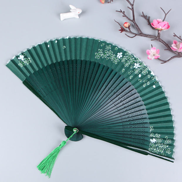 Buddha Stones Cherry Blossom Sakura Camellia Handheld Silk Bamboo Folding Fan 21cm 6