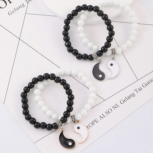 Buddha Stones 2Pcs Black Onyx White Turquoise Bead Yin Yang Protection Couple Bracelet Bracelet BS 3