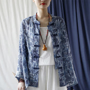 Buddha Stones Retro Blue White Flowers Frog-Button Design Long Sleeve Ramie Linen Jacket Shirt 17