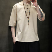 Buddha Stones Bamboo Leaves Frog-button Crew Neck Chinese Half Sleeve Shirt Men T-shirt