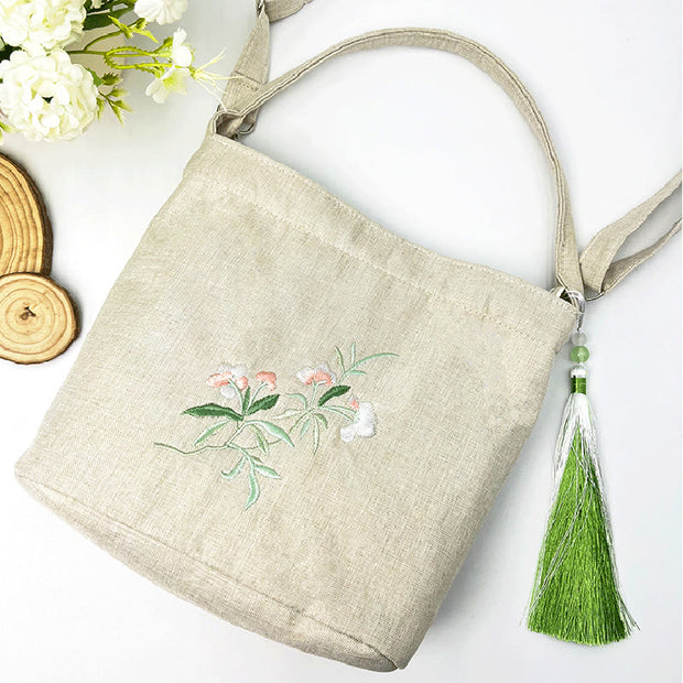 Buddha Stones Embroidery Wisteria Plum Lotus Cherry Blossom Cotton Linen Canvas Tote Crossbody Bag Shoulder Bag Handbag 36