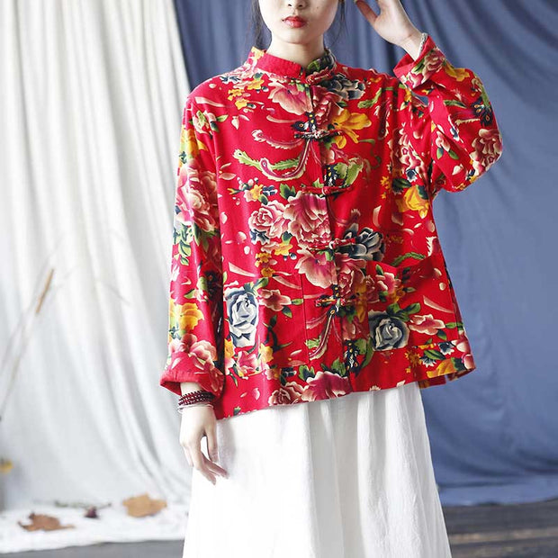 Buddha Stones Ethnic Red Flower Peony Frog-Button Cotton Linen Long Sleeve Shirt Jacket With Pockets 6