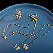 Buddha Stones 925 Sterling Silver Plated Gold Garnet Butterfly Freedom Bracelet Ring Earrings Set Bracelet Necklaces & Pendants BS 3Pcs(Ring Bracelet&Earrings)