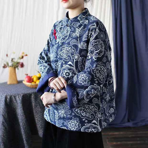 Buddha Stones Flowers Cotton Linen Jacket Shirt Chinese Northeast Style Winter Clothing 27