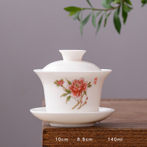 Buddha Stones White Porcelain Mountain Landscape Countryside Ceramic Gaiwan Teacup Kung Fu Tea Cup And Saucer With Lid Cup BS Long Cup-Peony(8.8cm*10cm*140ml)