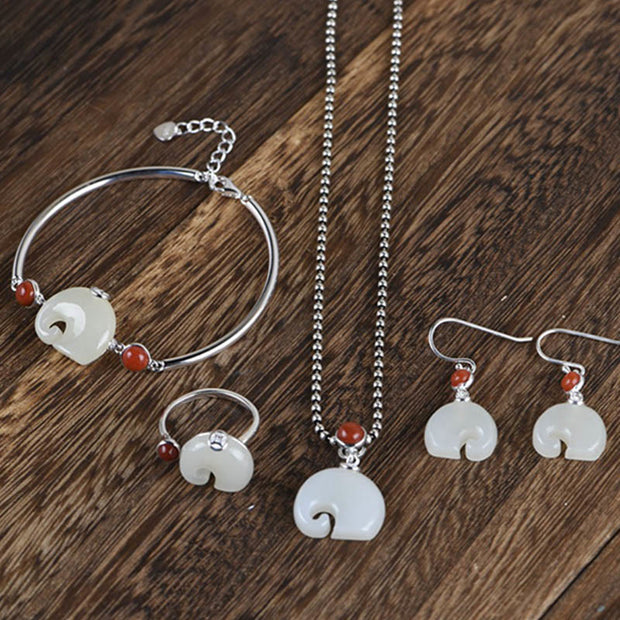Buddha Stones 925 Sterling Silver Elephant Hetian Jade Abundance Necklace Pendant Bracelet Ring Earrings Set