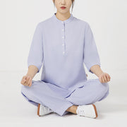 Buddha Stones 2Pcs Solid Color Three Quarter Shirt Top Pants Meditation Zen Tai Chi Cotton Linen Clothing Women's Set Women's Meditation Cloth BS Purple(Top&Pants) 2XL(Bust 112cm/Waist 70-104cm/Pants Length 101cm)