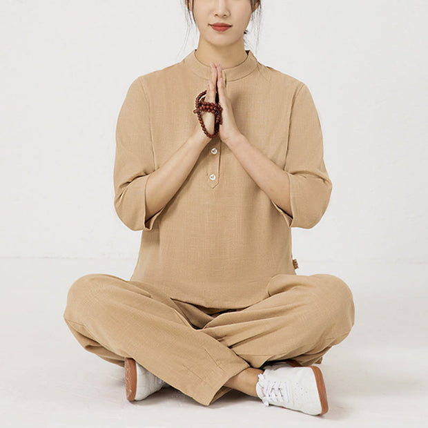 Buddha Stones 2Pcs Buttons Three Quarter Sleeve Shirt Top Pants Meditation Zen Tai Chi Cotton Linen Clothing Women's Set Women's Meditation Cloth BS Brown(Top&Pants) 2XL(Bust 112cm/Waist 70-104cm/Pants Length 101cm)