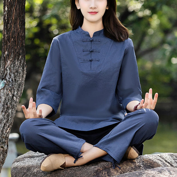 Buddha Stones 2Pcs Half Sleeve Shirt Top Pants Meditation Zen Tai Chi Cotton Linen Clothing Women's Set Women's Meditation Cloth BS Blue(Top&Pants) 2XL(Bust 108cm/Waist 72-108cm/Pants Length 102cm)