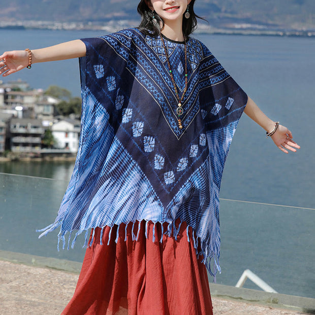 Buddha Stones Blue Triangle Stripes Batik Shawl Soft Pullover 90*95cm 11