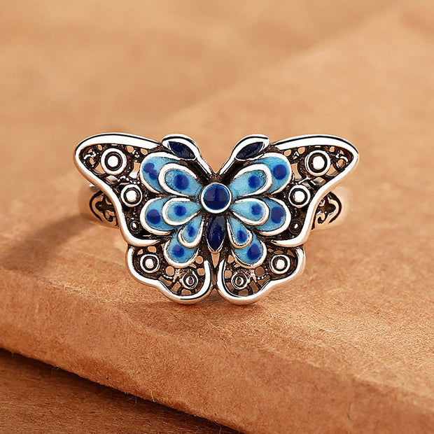 Buddha Stones Hollow Enamel Blue Butterfly Pattern Love Ring