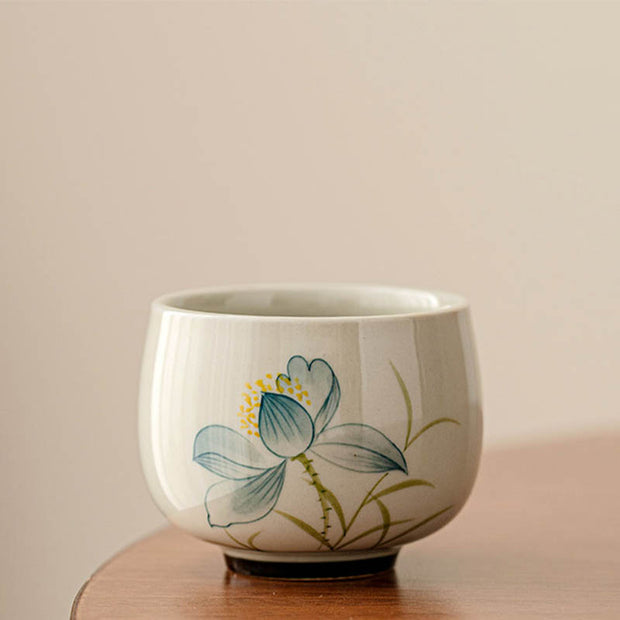 Buddha Stones Hand Painted Lotus Flower Ceramic Teacup Kung Fu Tea Cup Cup BS 6cm*5.3cm*70ml