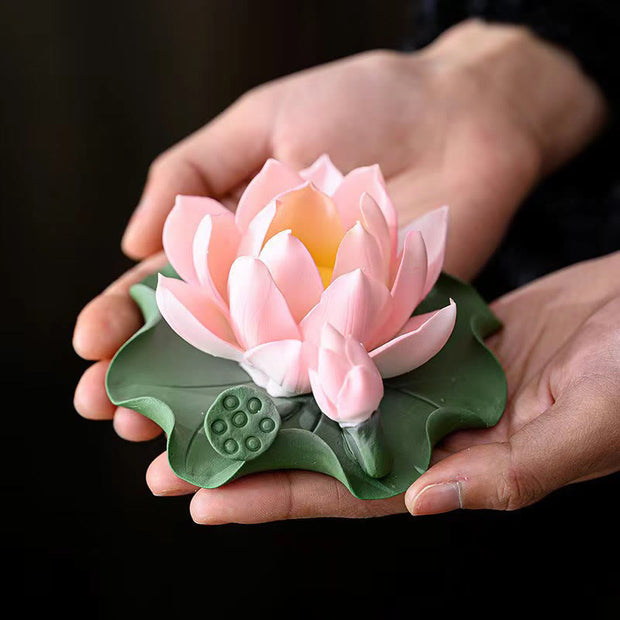 Buddha Stones Lotus Flower Leaf Pod Spiritual Healing Ceramic Stick Incense Burner Decoration Incense Burner BS 7