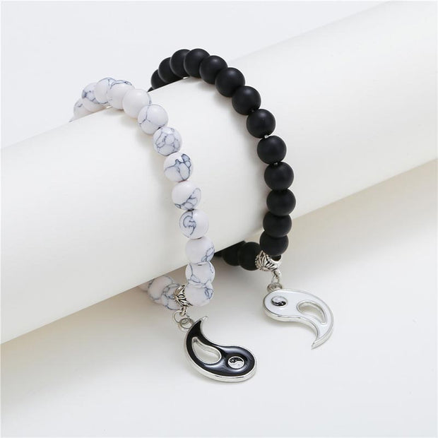 Buddha Stones 2pcs Natural Black Onyx White Turquoise Bead Yin Yang Couple Bracelet Bracelet BS 6