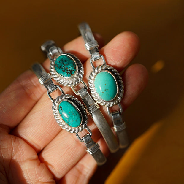 Buddha Stones 925 Sterling Silver Turquoise Balance Protection Handmade Nepal Bracelet Bangle