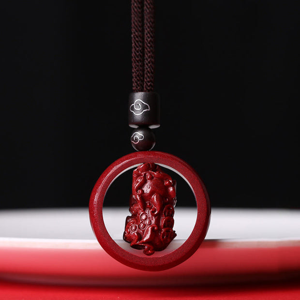 Buddha Stones Cinnabar Om Mani Padme Hum PiXiu Blessing Lucky Bead Necklace Pendant Necklaces & Pendants BS PiXiu Brown Rope