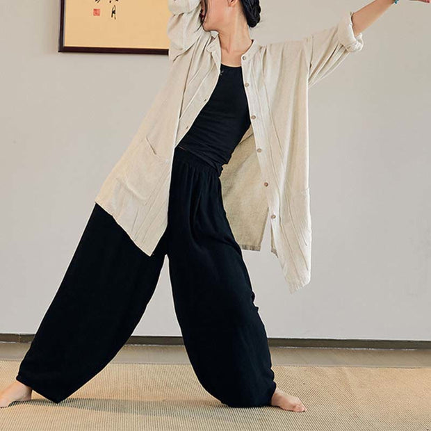 Buddha Stones Plain Long Sleeve Coat Jacket Top Wide Leg Pants Zen Tai Chi Yoga Meditation Clothing Clothes BS 19