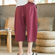Buddha Stones Solid Color Mid-length Linen Men's Wide Leg Pants With Pockets