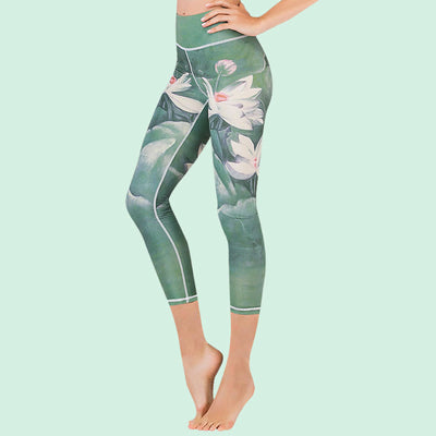 Buddha Stones Lotus Cherry Blossom Gradient Peacock Print Lycra Fabric Sports Cropped Leggings Women's Yoga Capri Pants Women's Capri Pants BS Lotus Print XL(Fit for US8-10; UK/AU12-14; EU40-42)