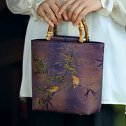 Buddha Stones Purple Magpie Birds Branches Bamboo Handles Handbag Handbags BS Magpie Bird Bamboo 23*21*10cm