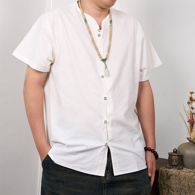 Buddha Stones Men's Short Sleeve Button Down Cotton Linen Shirt Men's Shirts BS White 3XL(Fit for US/UK/AU44; EU54)