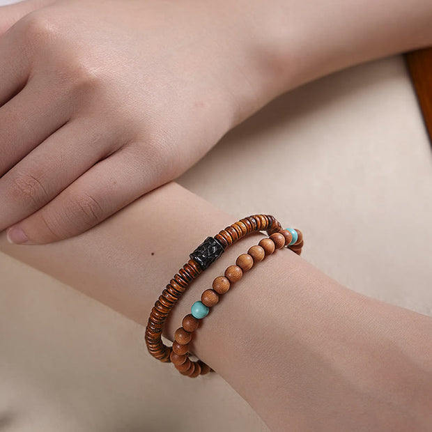 Buddha Stones Sandalwood Turquoise Protection Double Wrap Bracelet