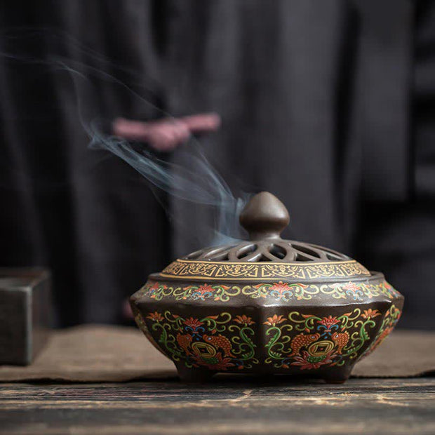 Buddha Stones Tibetan Floral Pattern Ceramic Blessing Incense Burner Decoration (Extra 35% Off | USE CODE: FS35) - image 15