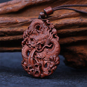 Buddha Stones Lightning Struck Jujube Wood Double Dragon Relief Ward Off Evil Spirits Necklace Pendant Necklaces & Pendants BS 4