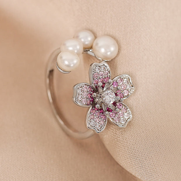 Buddha Stones Cherry Blossom Sakura Design Pearl Healing Necklace Pendant Ring Earrings Set Bracelet Necklaces & Pendants BS Ring(Adjustable)